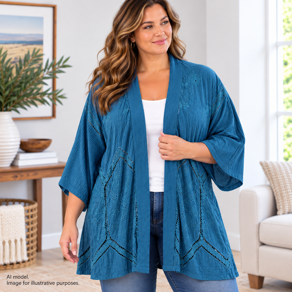 Soft Surroundings Kimono Cardigan Womens 1X Embroidered Boho Open Front Lightwei